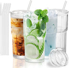 Luiaiog 18.5oz Glass Cups with Lids and Straws - Set of 4 Reusable Tumblers, Thickened Shatter-Resistant Glass, Ideal for Iced Coffee, Smoothies, Cocktails, Juices - Elegant & Durable Drinkware