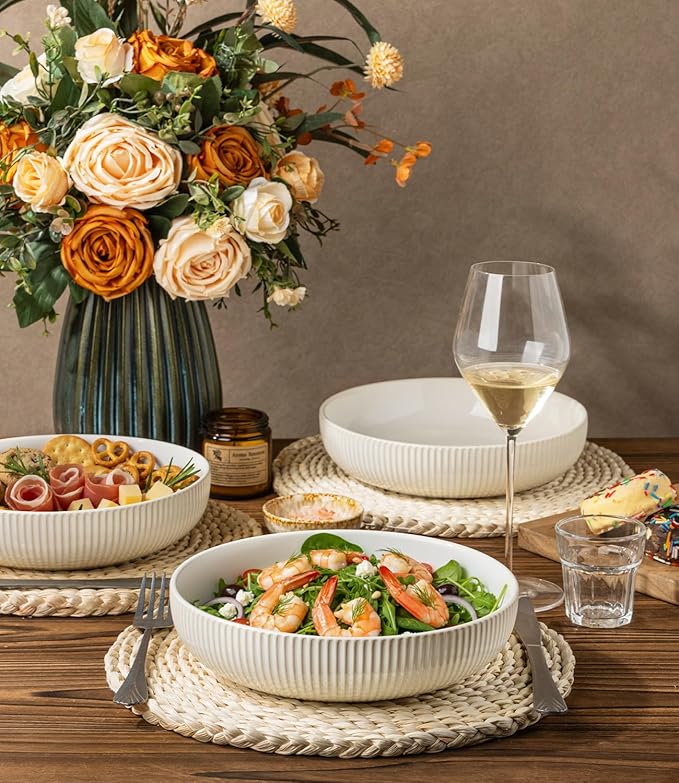 theterra 8.5'' Ceramic Pasta Bowls, Salad Bowls Set of 4, Stoneware Serving Bowls for Fruits, Noodle, Dinner, House-warming Wedding Present, Reactive White
