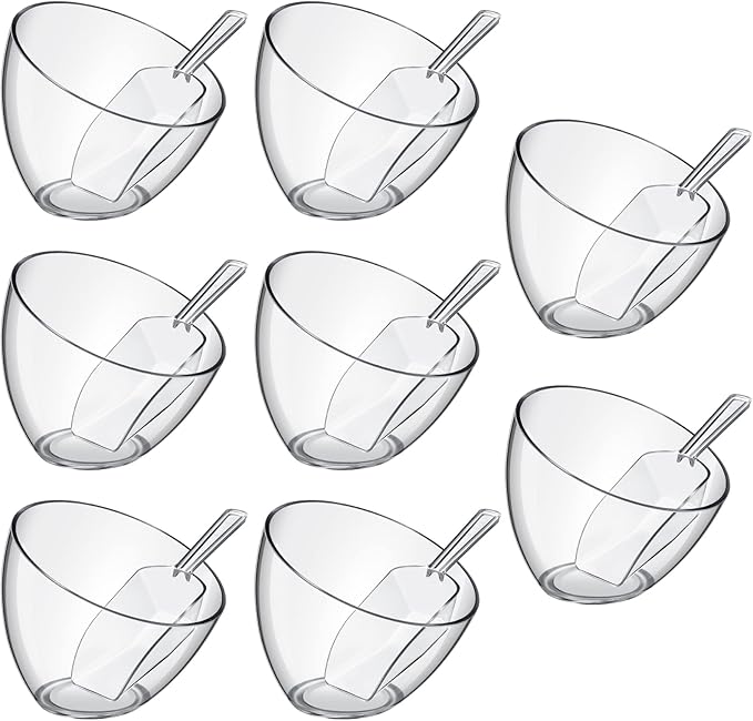 Hoolerry 16 Pcs Serving Bowls Kit Include Clear Plastic Bowls for Parties and Popcorn Measuring Scoops Acrylic Plastic Kitchen Angled Candy Scoops for Office Canister Salad Cooking (25 oz)