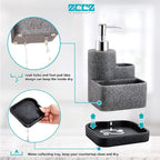 ZCCZ Black Soap Dispenser with Sponge Holder, Kitchen Soap Dispenser Pump, Sponge Caddy and Brush Holder 3 in 1 Set Organizer for Sink Countertop, Removable Tray, Marble Look (Brush NOT Included)