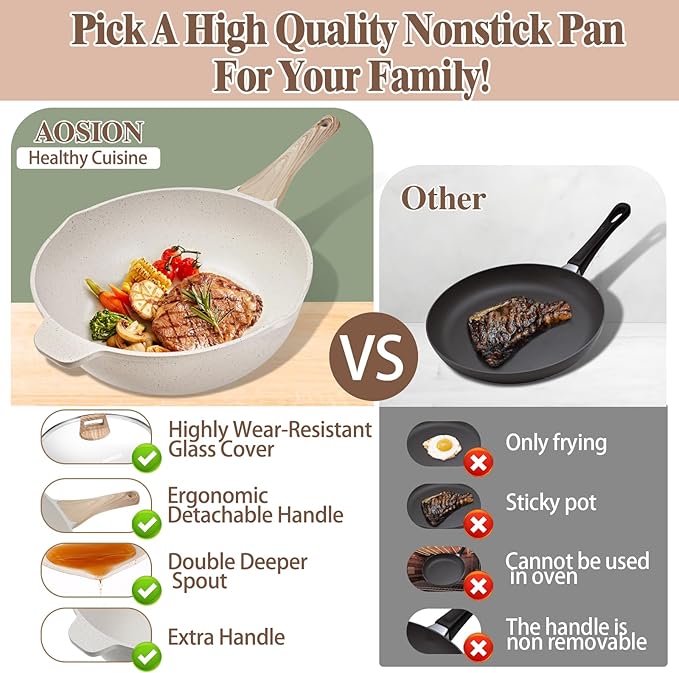 AOSION 11 Inch Nonstick Ceramic Deep Frying Pan Skille with Lid,5QT Sauté Pan for Cooking with Steam Rack,Healthy Large Skillet,Stay Cool Handle, Induction Compatible, PFOA & PFAS Free.(WHITE)