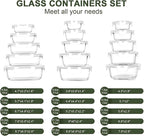 KOMUEE 30 Pieces Glass Food Storage Containers Set, Glass Meal Prep Containers Set with Snap Locking Lids, Airtight Glass lunch Containers, Microwave, Oven, Freezer & Dishwasher,White