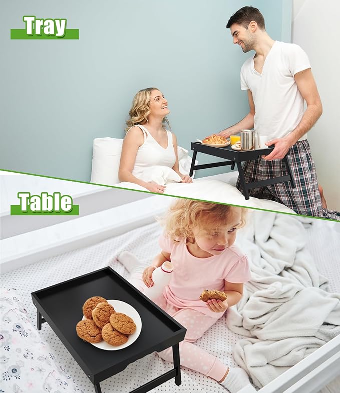 Youpehom Bed Tray Table with Folding Legs,Bamboo Breakfast in Bed for Kitchen Serving Tray,Sofa,Used As Laptop Desk Snack Breakfast Tray (Black, Medium)