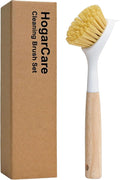 Dish Brush with Handle Wood Built-in Scraper, Scrub Brush for Pans, Pots, Saucepan, Kitchen Brushes for Sink and Stove, Yellow