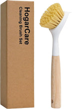 Dish Brush with Handle Wood Built-in Scraper, Scrub Brush for Pans, Pots, Saucepan, Kitchen Brushes for Sink and Stove, Yellow