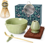 MONOJOY Matcha Whisk Set Ceramic Bowl Kit with Spout, Bamboo Chasen and Holder, Scoop Rest,Sifter Tea Towel Ceremonial Cute Matcha Tea Making Tool,Gift Perfect for Latte Lovers | Beginners,7pcs