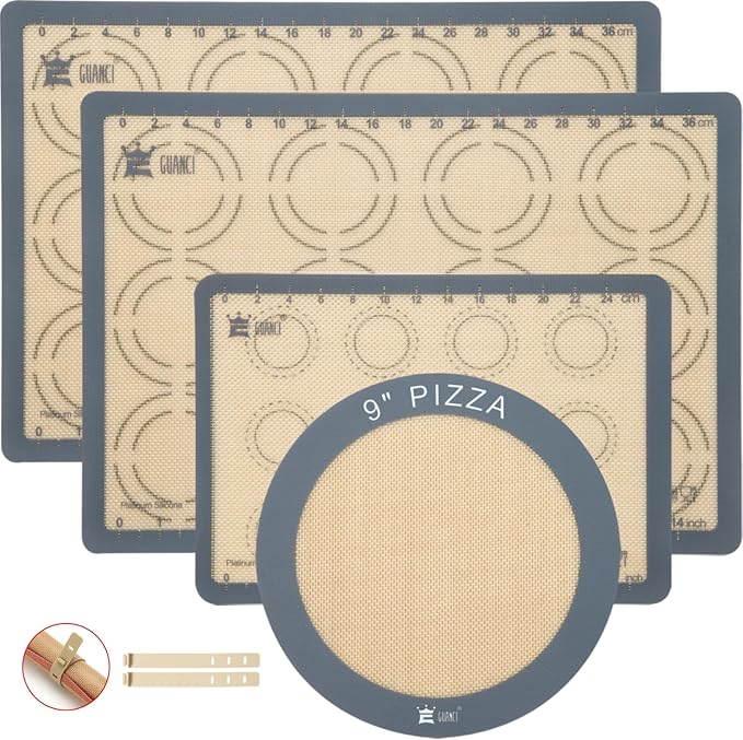 Silicone Baking Mat Set of 4, GUANCI Grade Food Baking mats Non-Stick Reusable Pizza Bakeware Mat for Making Macaroon, Pizza, Cookie, Pastry, Bread, Bun(Grey)