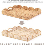 2Pcs - Scalloped Basket, Decorative Basket, Water Hyacinth Tray (17 x 13 x 3 inch - 2Pcs) with Scalloped Edge and Built-in Handles, Rectangle Serving/Woven/Basket/Seagrass Tray