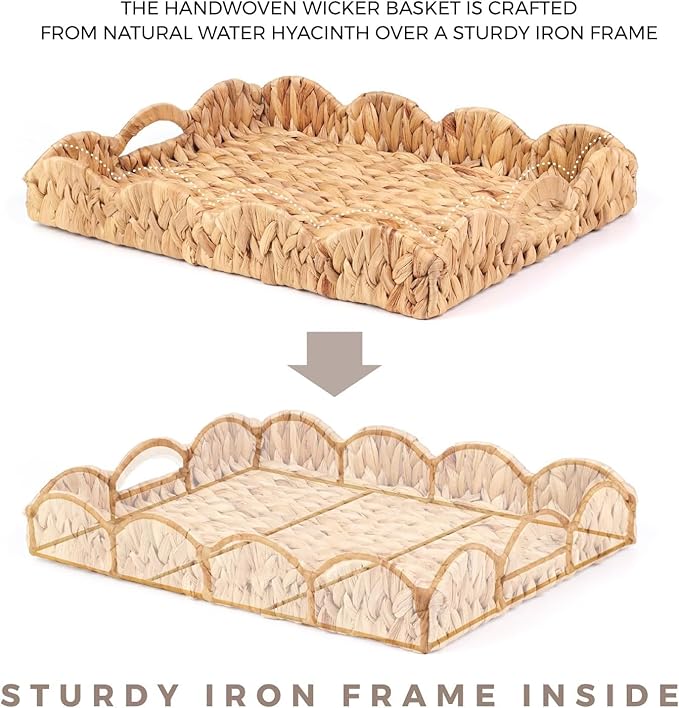 LASIDO Water Hyacinth Handwoven Seagrass Tray with Scalloped Edge and Handles (17x13x3in) Rectangular Handwoven Trays, Water Hyacinth Basket for with Built-in Handles (Rectangular - 1 PCS)