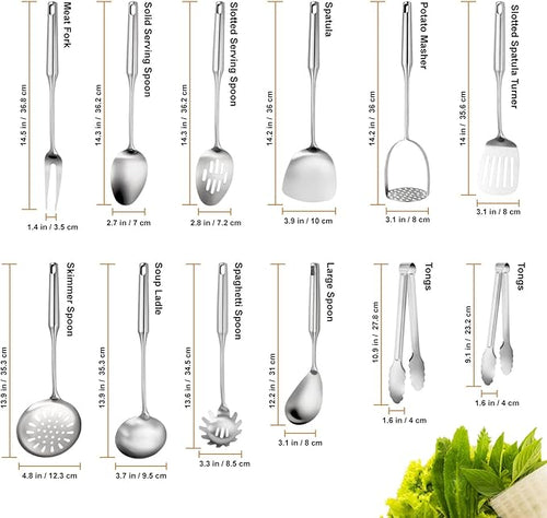 304 Stainless Steel Cooking Utensils Set, 12 Pcs Long Stainless Steel Kitchen Utensils Set, Metal Cooking Utensils Set with Potato Masher, Spoon, Ladle, Skimmer, Pasta Server etc(Dishwasher Safe)