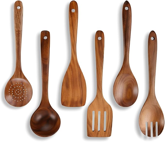 6-Piece Wooden Spoons for Cooking – Smooth Polished Teak Wood Utensils – Soft Comfort-Grip Cooking Wood Spoons Non-Stick Safe Easy to Clean Heat Resistant Set
