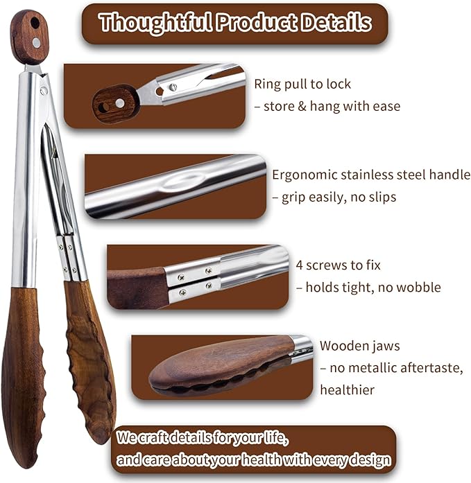 Wooden Tongs for Cooking & Serving Food, Anti-Slip Long Handle Wooden Kitchen Tongs Heat Resistant, Stainless Steel Salad Tongs with Walnut Wood Tip, Locking & Hanging Cooking Utensils Set