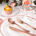 bUCLA 600PCS Clear Rose Gold Plastic Dinnerware Set Disposable - Include 100 Dinner Plates, 100 Dessert Plates, 100 Knives, 100 Forks, 100 Spoons, 100 Cups for Party, Wedding & Mother's Day
