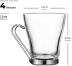 Bormioli Rocco Oslo 7.5 oz. Cappuccino Tempered Glass Cup with Removable Stainless Steel Handle for Coffee, Tea, Lattes, and Hot Drinks, Set of 4