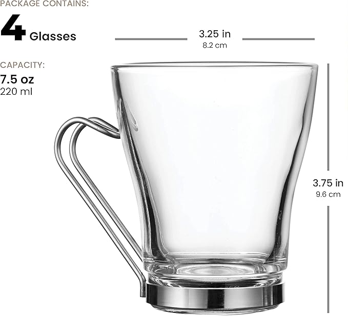 Bormioli Rocco Oslo 7.5 oz. Cappuccino Tempered Glass Cup with Removable Stainless Steel Handle for Coffee, Tea, Lattes, and Hot Drinks, Set of 4