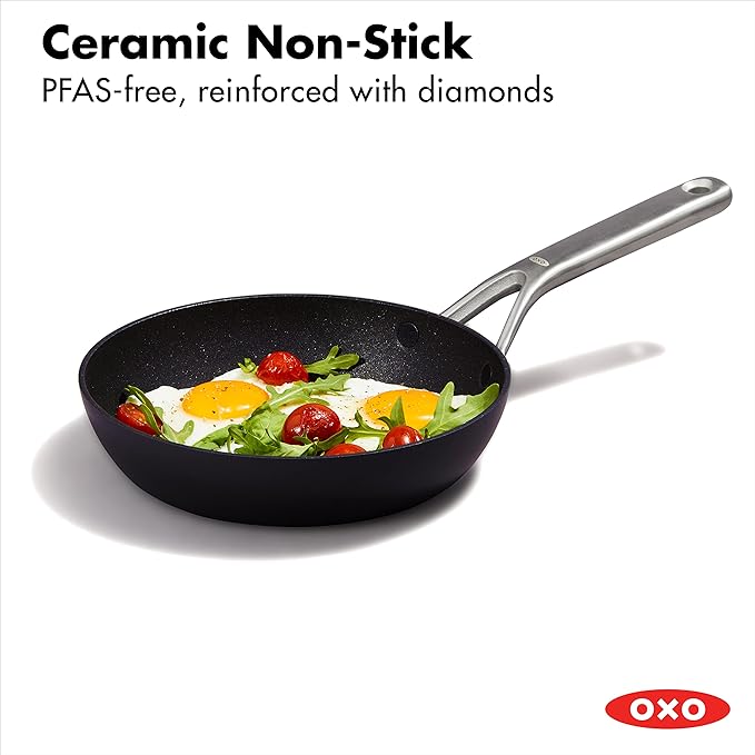OXO Professional 8" Frying Pan Skillet, Hard Anodized Ceramic Nonstick Cookware PFAS-Free, Induction Suitable, Stainless Steel Handle, Diamond Reinforced Coating, Dishwasher Safe, Oven Safe, Black