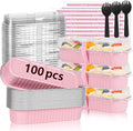 100 Pack Mini Loaf Pans with Lids and Spoons Sealing Sticker, 6.8oz Mini Cake Pans for Baking, Disposable Aluminum Foil Loaf Pans, Pink Loaf Baking Pans, Small Cake Containers With Lids