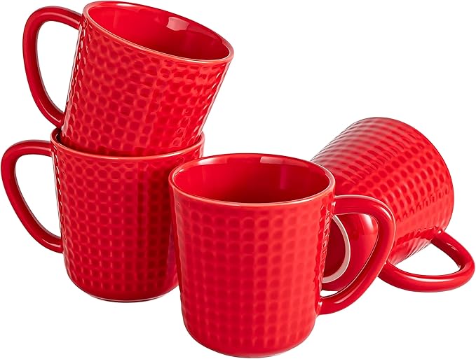 Ceramic Coffee Mugs Set of 4, 14oz Red Coffee Cups with Embossed Grid Texture, Modern Minimalist Coffee Mug for Latte Cappuccino Tea Cocoa, Dishwasher & Microwave Safe, Ideal Housewarming Gift