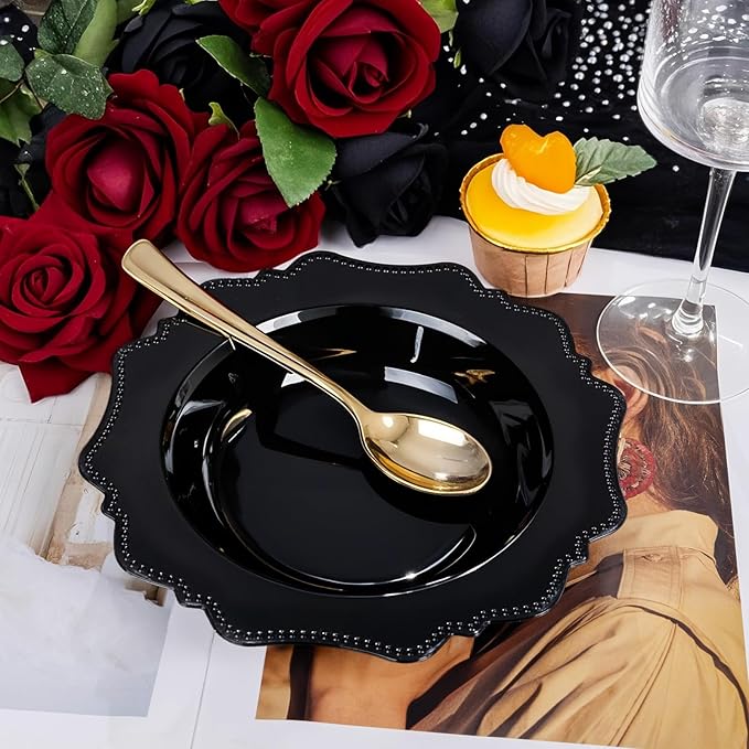 COLOSUS Black Plastic Party Bowls (60 Pack) 12 Oz Disposable Soup/Salad Bowl, Fancy Shatterproof Dinnerware for Catering, Holidays, Weddings, and Everyday Use