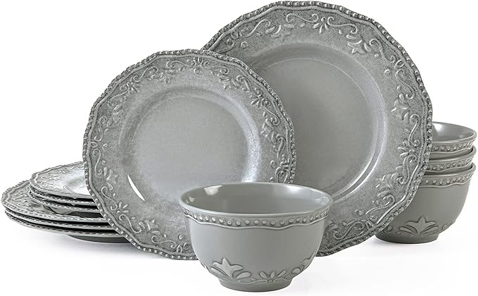 TP 12-Piece Melamine Dinnerware Sets, Plates and Bowls Dishes Set for 4, Break-Resistant & Non-Microwavable, Lightweight Dinner Plates, Relief Grey