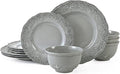TP 12-Piece Melamine Dinnerware Sets, Plates and Bowls Dishes Set for 4, Break-Resistant & Non-Microwavable, Lightweight Dinner Plates, Relief Grey