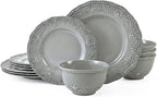 TP 12-Piece Melamine Dinnerware Sets, Plates and Bowls Dishes Set for 4, Break-Resistant & Non-Microwavable, Lightweight Dinner Plates, Relief Grey