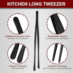 12 Inch & 10 Inch Fine Long Tweezers Tongs Stainless Steel, Black Professional Kitchen Tweezers Tongs for Cooking, BBQ, Plating, Repairing (Pack of 4)