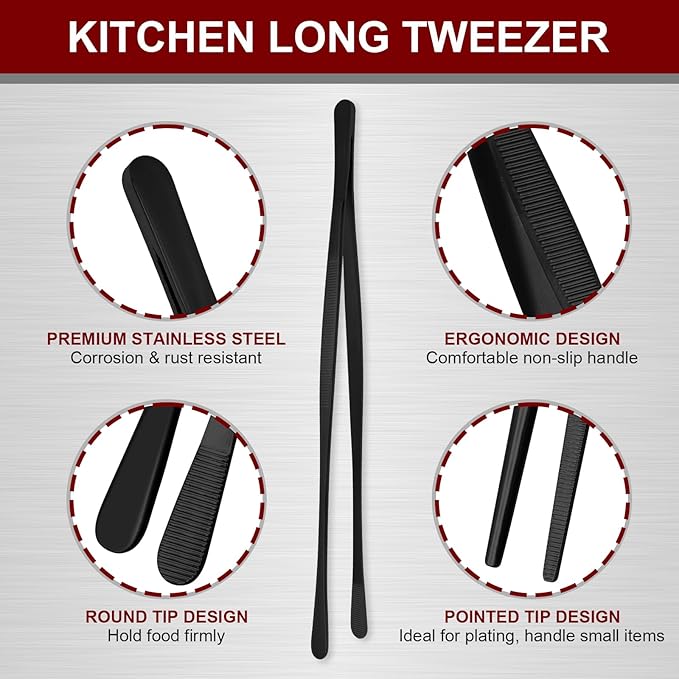12 Inch & 10 Inch Fine Long Tweezers Tongs Stainless Steel, Black Professional Kitchen Tweezers Tongs for Cooking, BBQ, Plating, Repairing (Pack of 4)