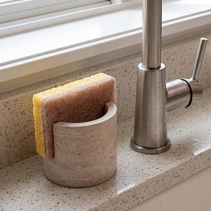 Travertine Natural Marble Sponge Holder, Sponge Caddy for Sink Organizer, Kitchen, Bathroom, Fast Absorbing, Durable, Elegant and Stylish