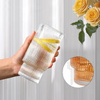 16Oz glasses drinking set of 4,Ribbed Glass Cups With Lids And Straws,Glass Tumbler With Lid for Beer, Juice, Water, Iced coffee Cup,Whiskey