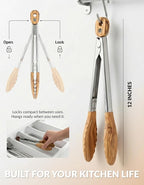 Premium Olive Wood Salad Tongs for Serving, 12 Inch Serving Tongs with 304 Stainless Steel Handle for Salad, Bread, BBQ, Pickles, Toaster & Kitchen Use