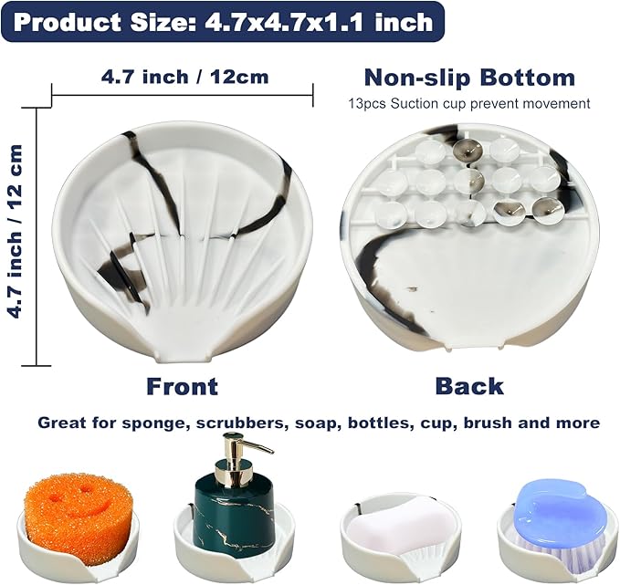 Sponge Holder for Scrub Daddy with Suction Cups and Drain Spout Kitchen Sink Caddy Organizer,Soap Dishes Holder Accessories Rack,Dishwasher Safe - 4.7"x4.7", Marble White