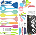 Kaluns 24 Pcs Silicone Cooking Utensils Set - Can Opener, Masher, Turner, Spatula, 446F Heat Resistant, Non-Stick, Premium Silicone & Stainless Steel