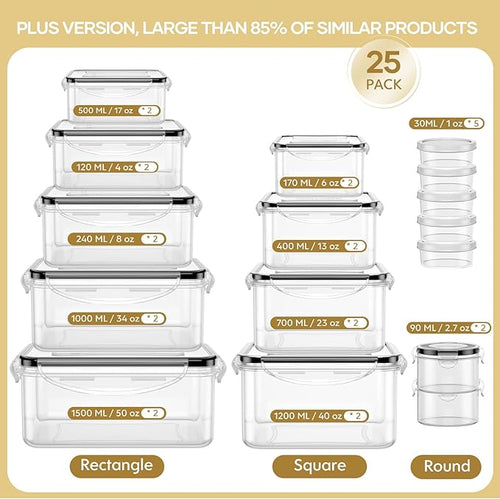 50-Piece Food Storage Containers with Lids (25 Containers & 25 Lids), Airtight Reusable Meal Prep Containers for Lunch, Plastic Kitchen Storage Containers with Labels & Marker Pen