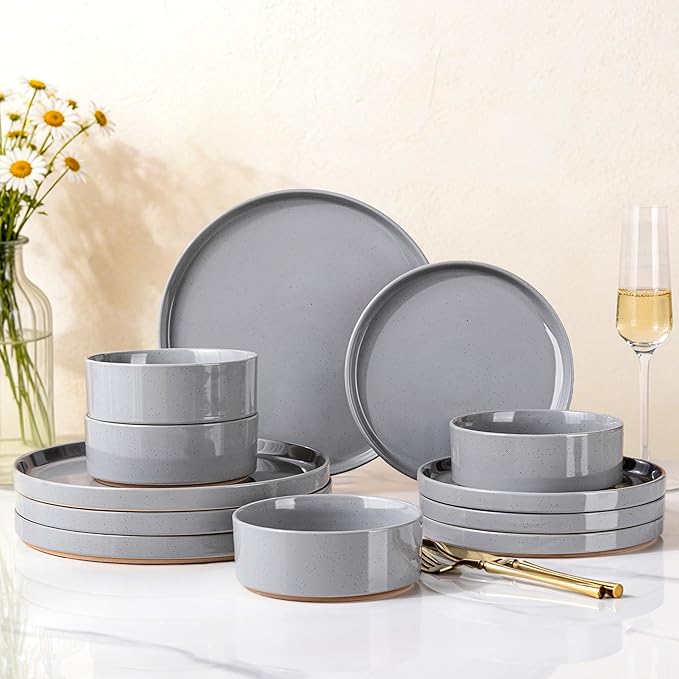 AmorArc Ceramic Dinnerware Set for 4 | Speckled Stoneware Plates and Bowls with unglazed terracotta | Scratch Resistant, Dishwasher & Microwave Safe Dishes Sets- 12-Pcs Gray