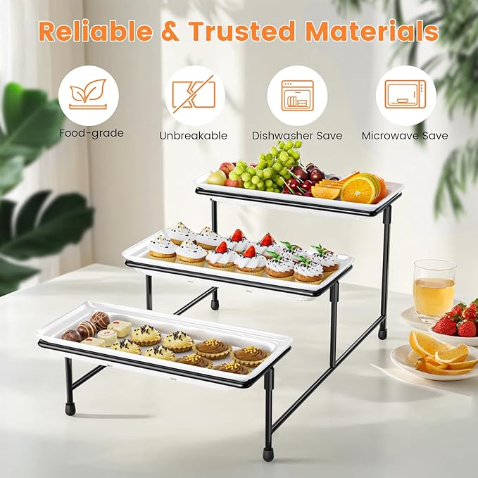 3 Tier Serving Tray for Party, 14"x7" Tiered Serving Platters with Steel Display Stand for Sevring Food,Cookies,Veggie, Dessert,Fruit, Black