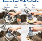 Dish Brush with Soap Dispenser, Kitchen Dish Scrubbers Set with Draining Tray for Washing Dishes/Pots, Grey, Set of 2
