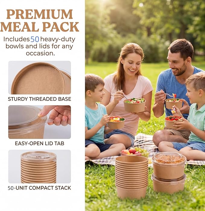 Lyellfe 50 Pack Kraft Paper Bowls with Lid, 25 Oz Disposable Soup Salad Serving Bowls, To Go Food Container for Party Dessert, Ice Cream, Yogurt, Microwave Freezer Safe