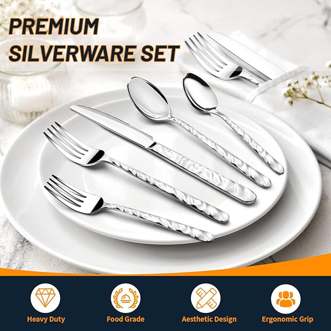 60 Piece Silverware Set for 12, Food-Grade Stainless Steel Utensils Set,Wave Style Design & Mirror Polished - Dishwasher Safe