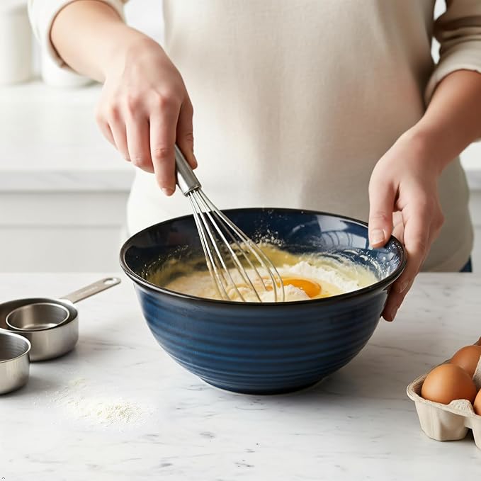 MEKY Serving Bowls, 84 Ounce Mixing Bowl Set of 2, 9 Inch Large Ceramic Salad Bowls for Kitchen, Perfect for Cooking Baking Soup Pasta Fruit and Popcorn, Microwave and Dishwasher Safe, Blue