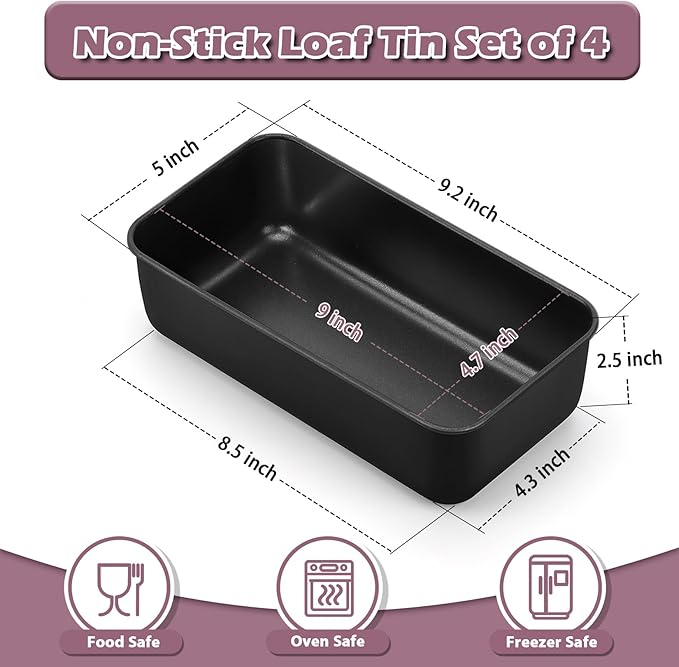 P&P CHEF Loaf Pan Set, 9 x 5 Inch Bread Pans, Stainless Steel Loaf Toast Baking Pans For Bread Meatloaf Lasagna Cake, Healthy & Non Toxic, Oven Safe& Easy Clean, (Black, 4Pcs)