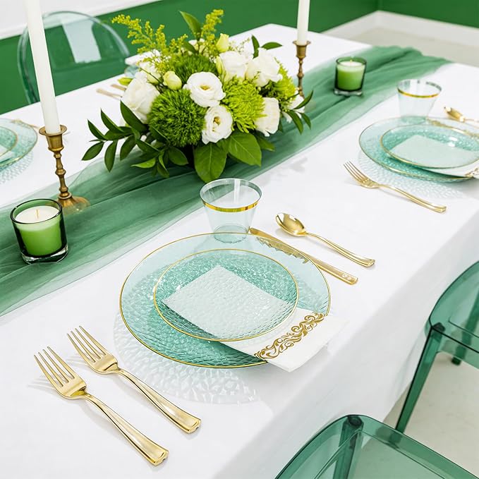 DaYammi 350 Pcs Clear Green Gold Plastic Plates, Hammered Disposable Dinnerware, Clear Green Plates Set Include 100 Plastic Platos, 150 Gold Disposable Silverware, 50 Cups and 50 Napkins for Party