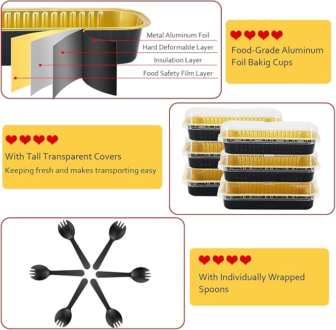 Mini Loaf Pans with Lids 100 Pack,LNYZQUS 6.8oz Aluminum Foil Mini Cake Baking Pans Cupcake Tins Containers,Disposable Ramekins Bread Baking Cups Muffin Tins Holders-Black
