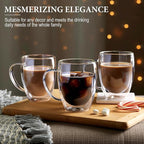 Double Walled Glass Coffee Mugs Set of 4, 12.5OZ Hand Blown Insulated Clear Glass Coffee Cups with Handle,Perfect for Latte,Cappuccino, Espresso, American,Tea Bag, Beverage