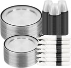 BESTSTAR 350PCS Clear and Black Disposable Plates Set for 50 Guests, 100 Plastic Plates, 50 Plastic Cups, 50 Pre-Rolled Napkins with Cutlery for Graduation Party, Thanksgiving, Birthday, Halloween