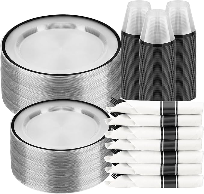 BESTSTAR 350PCS Clear and Black Disposable Plates Set for 50 Guests, 100 Plastic Plates, 50 Plastic Cups, 50 Pre-Rolled Napkins with Cutlery for Graduation Party, Thanksgiving, Birthday, Halloween