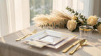 Festiva 350Pcs Gold Plastic Plates - Disposable Square Gold Plates Dinnerware set include 9.5"/6" Plates,Cups,Plastic Cutlery,Hand Napkins Perfect for 50 guests Party&Birthday&Wedding