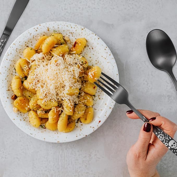 Pattern Matte Silverware Set for 8,40 Piece Gothic Black Flatware set,Skeleton Flower Bat Unique Pattern Design,Skull Knive Fork Spoon Spooky Utensils Cutlery,Halloween Party Supplies Event Tab