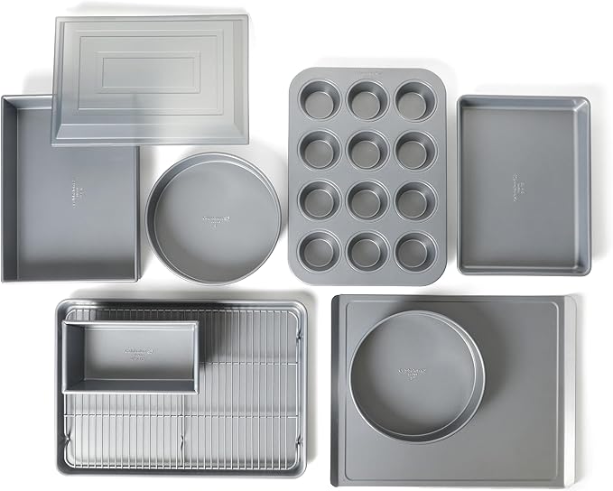 Calphalon Titan 10-Piece Nonstick Bakeware Set, Steel Core PFA-Free Nonstick Coating, Oven Safe, Includes Sheet Pans, Muffin Pan, Round Cake Pans, Loaf Pan and Cooling Rack, Silver