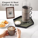 HASENSE Porcealin Coffee Mugs, Stackable Coffee Cups Set of 4 with Stand - 15 oz Large Ceramic Ribbed Latte Cup Set for Cappuccino, Tea, Hot Cocoa, Drinks - Dishwasher & Microwave Safe, Brown